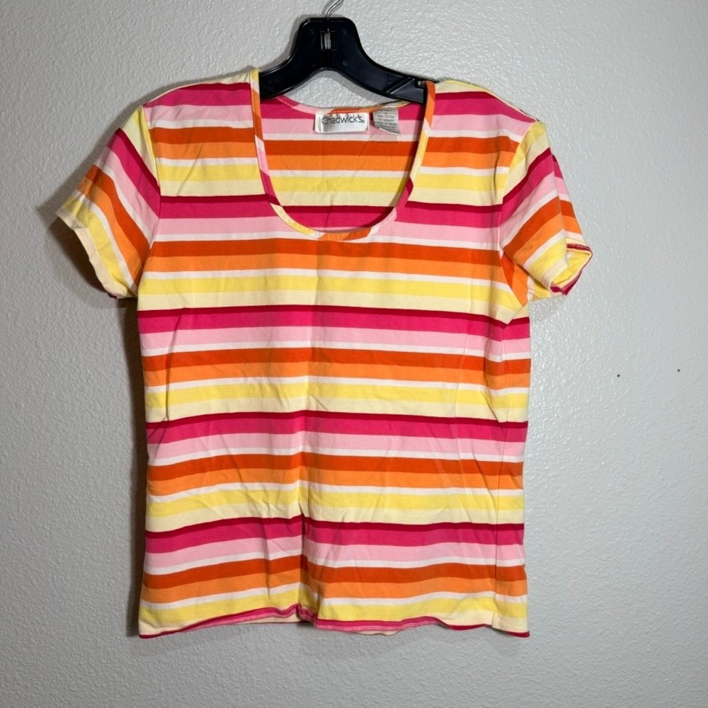 Chadwicks Striped Scoop Neck Tee Pink Orange Yellow Womens Medium Short Sleeve